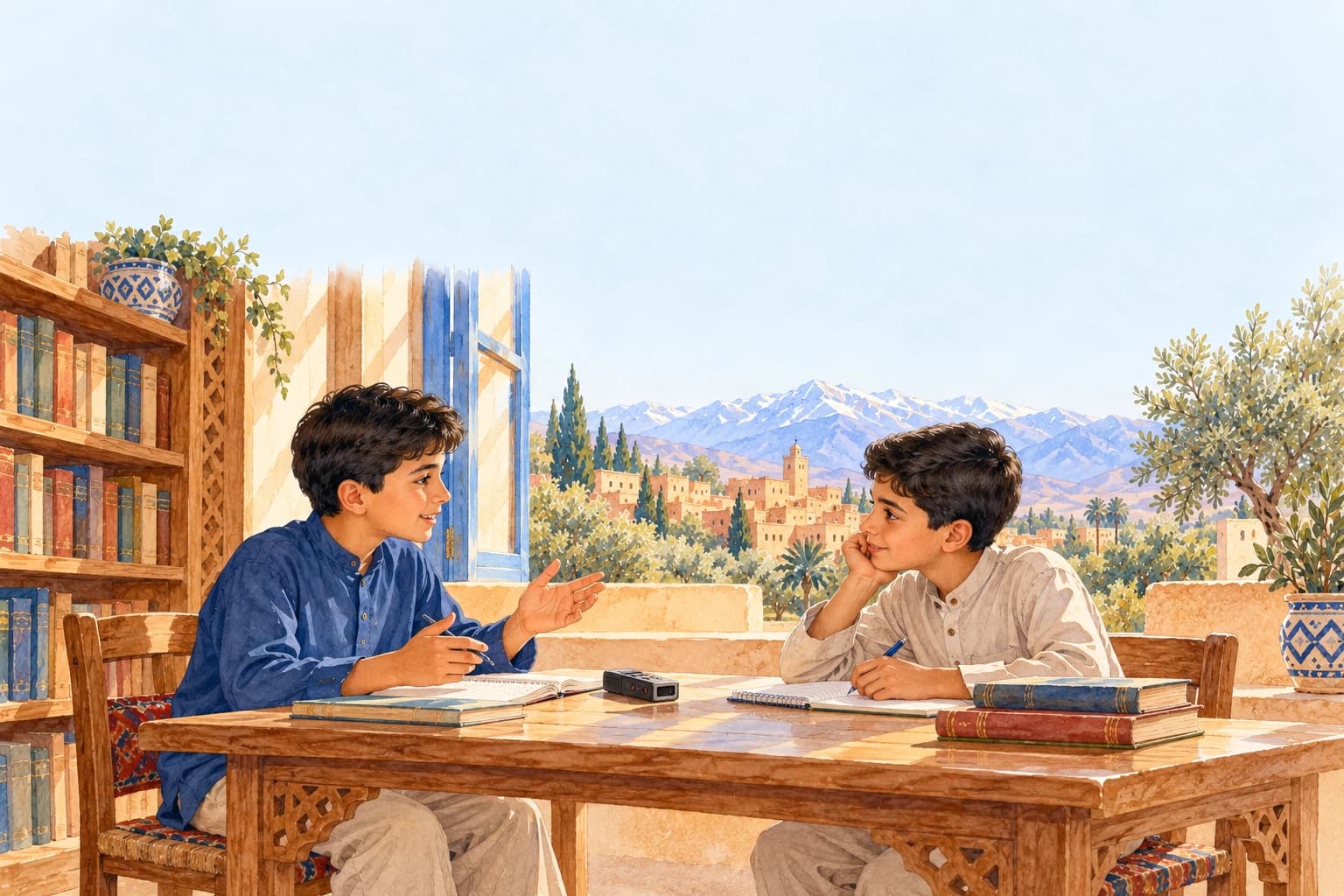 Speaking: everyday conversations - illustration Exactly two modestly dressed Moroccan schoolboys seated on opposite sides of a library table practising a conversation, a small recorder and notebooks,