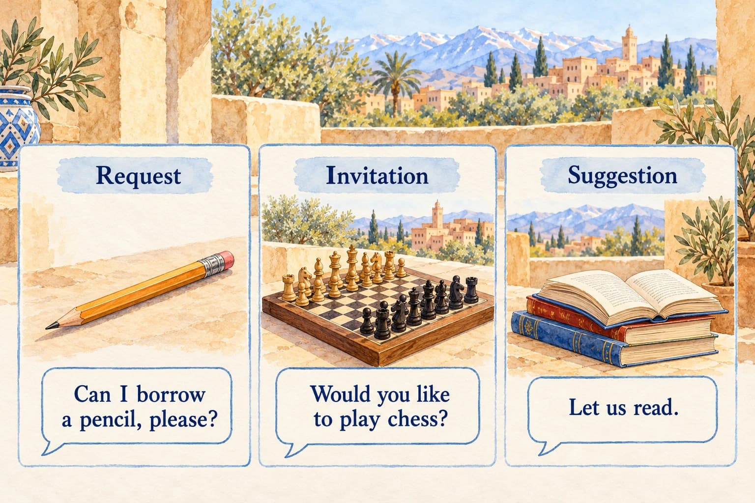 Speaking: everyday conversations - teaching illustration 2 Three dialogue cards beside a pencil and chessboard, exact text Request: Can I borrow a pencil, please? / Invitation: Would you like to play chess? / Suggestion: Let us read.