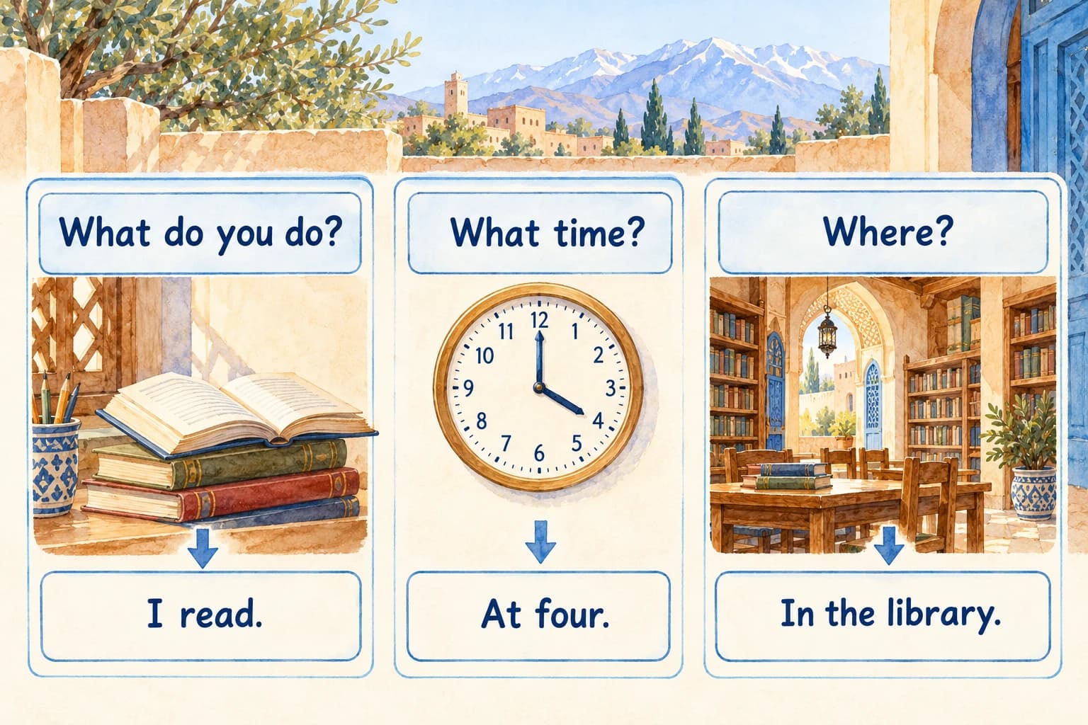 Speaking: everyday conversations - teaching illustration 3 A mini-interview flow with exact question cards What do you do? / What time? / Where? and answers I read. / At four. / In the library