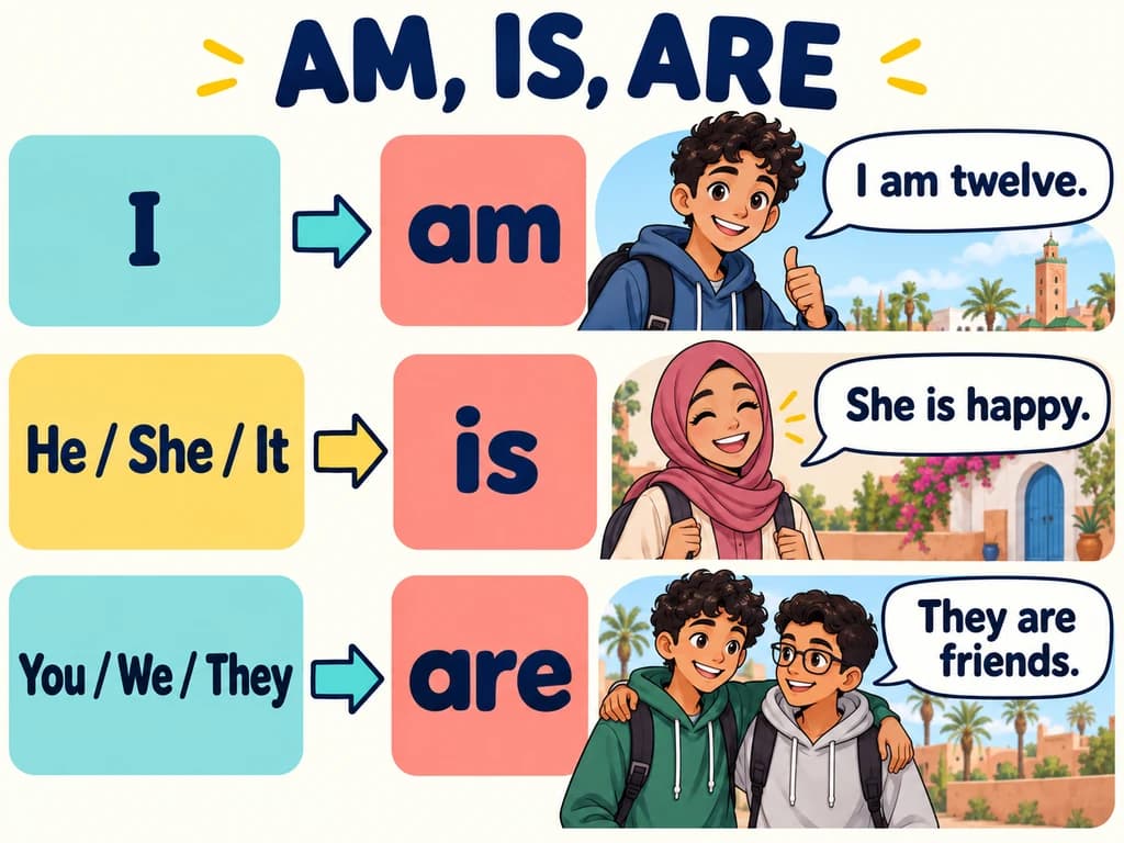 Am, is and are: English 1AC grammar diagram Three arrow rows connect I to am, he/she/it to is and you/we/they to are, alongside student examples.