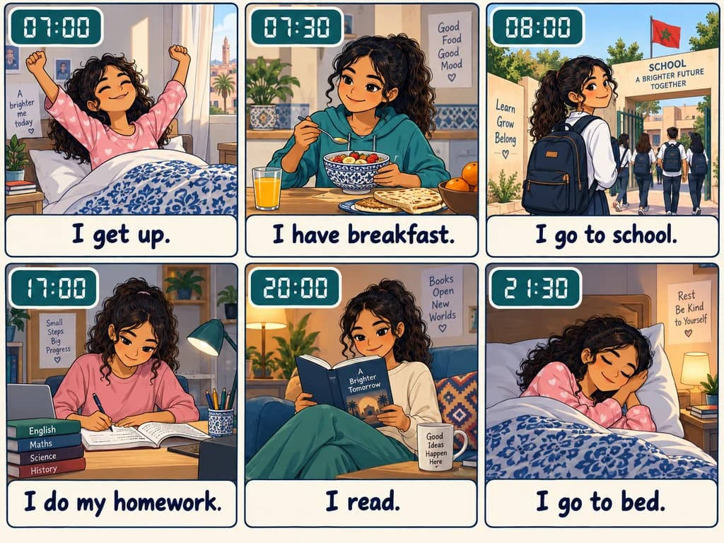Daily routine in the present simple: English 1AC Six scenes show a student getting up, eating breakfast, going to school, doing homework, reading and going to bed.