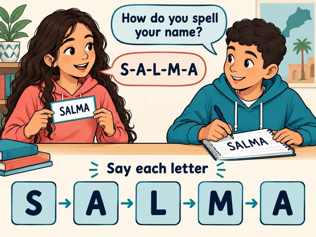 How to spell your name in English: 1AC Salma holds a name card while a partner writes S-A-L-M-A; letter tiles show the spelling in order.