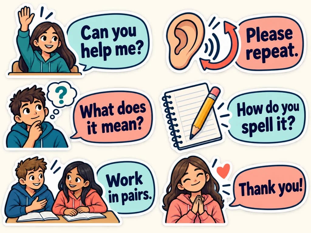 English classroom help phrase stickers: 1AC Six illustrated stickers show asking for help, repetition, word meaning and spelling, working in pairs and saying thank you.