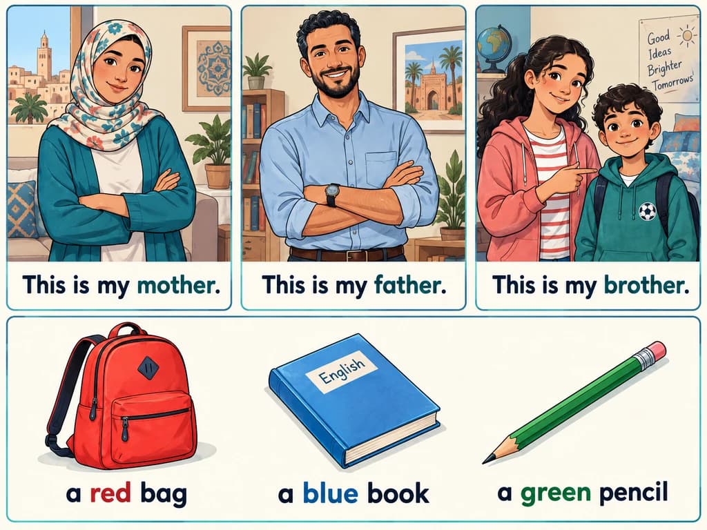 English 1AC family members and colours A mother, father and two siblings illustrate family words above a red bag, blue book and green pencil.