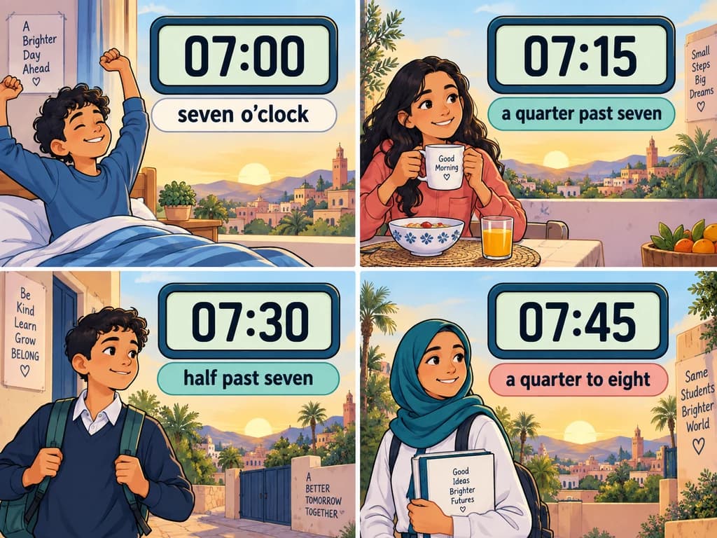 Telling the time: quarter past, half past and quarter to Four digital clocks show 07:00, 07:15, 07:30 and 07:45 with their English time expressions.
