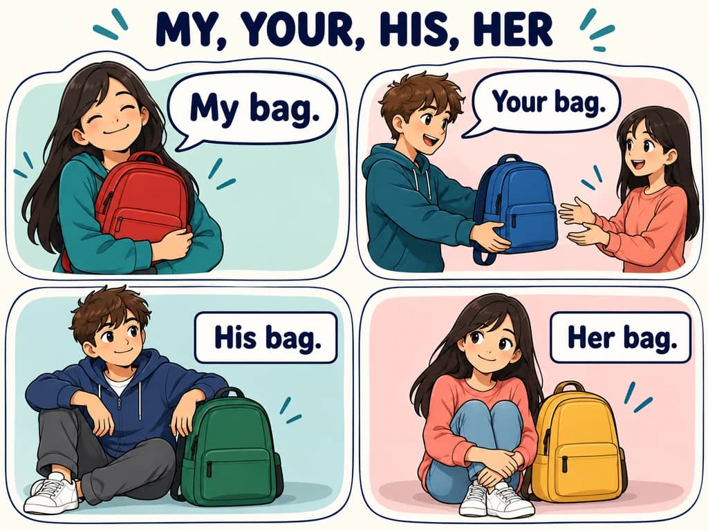 My, your, his and her: English 1AC picture guide Four panels use students and coloured school bags to illustrate my bag, your bag, his bag and her bag.