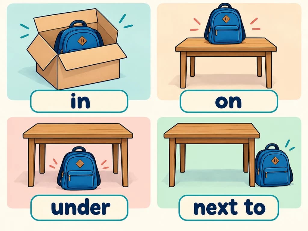 English 1AC prepositions of place: in, on, under, next to A blue bag is inside a box, on a table, under a table and beside a table.