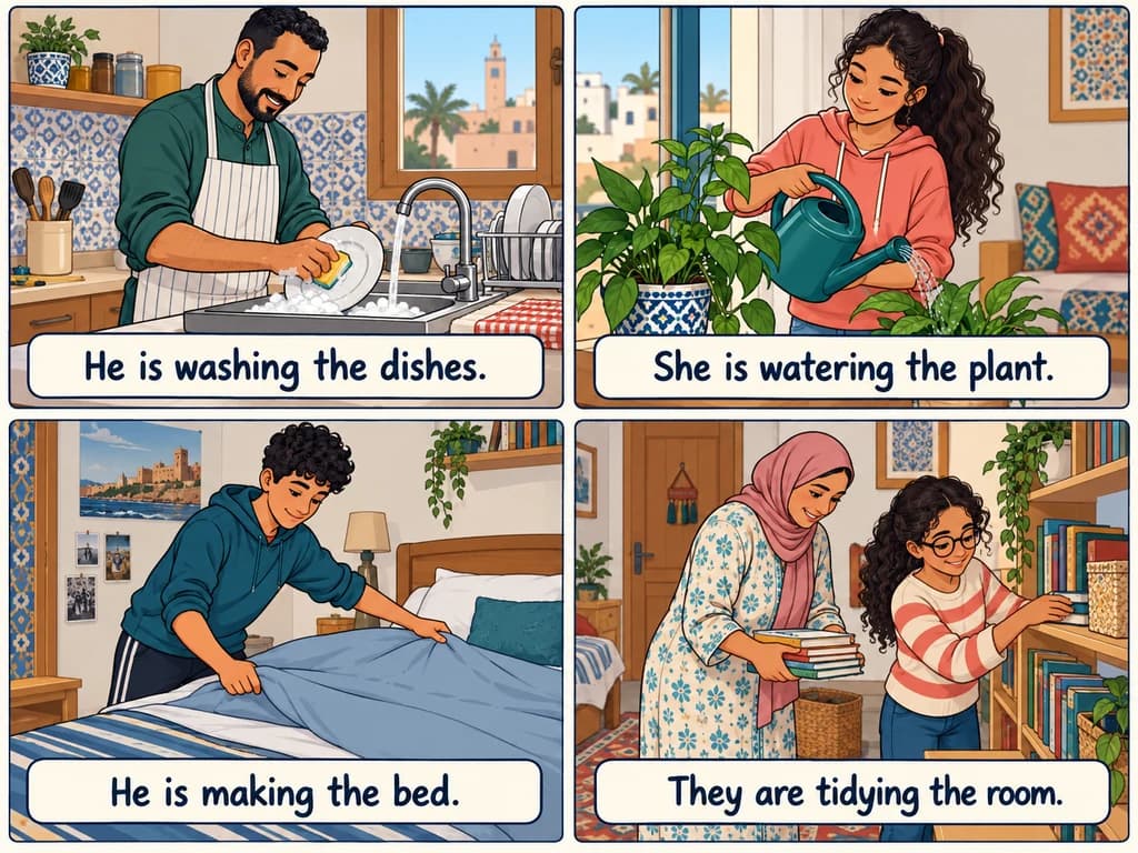 Present continuous and household chores: English 1AC A father washes dishes, a girl waters a plant, a boy makes a bed and two people tidy a room.