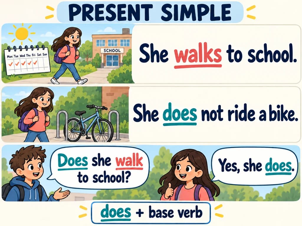 Present simple with does: English 1AC diagram A student walks to school; statements, a negative, a question and a short answer highlight walks, does and walk.