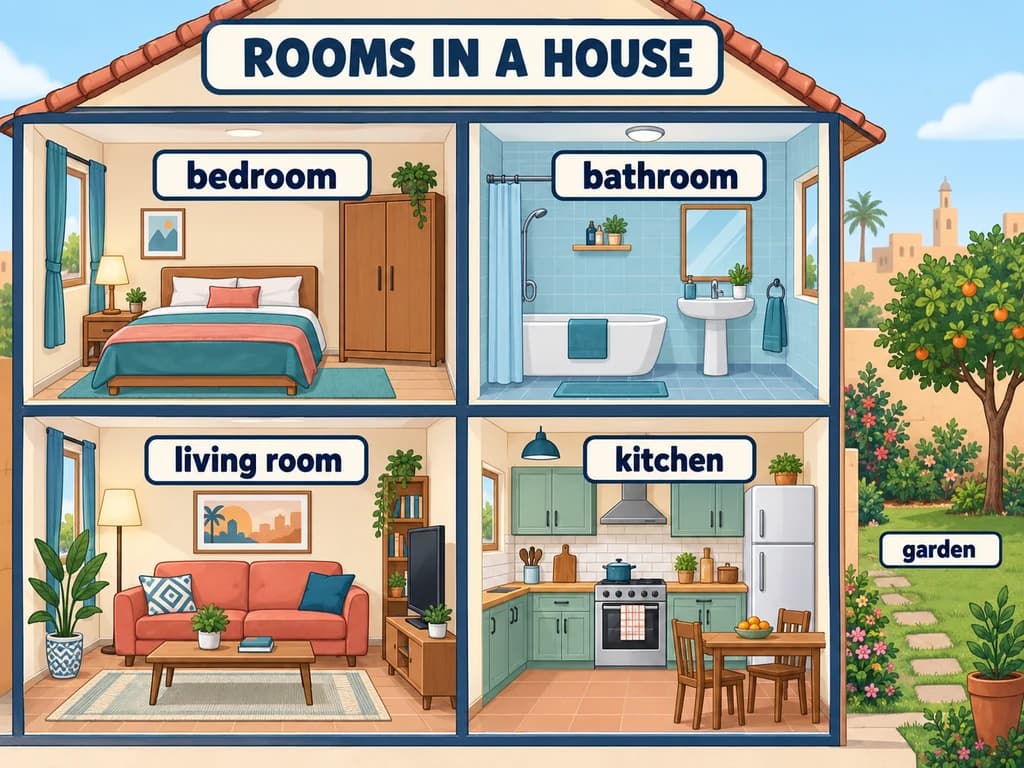 Rooms in a house: English 1AC labelled diagram A cutaway house labels the bedroom, bathroom, living room, kitchen and garden, with recognisable furniture.