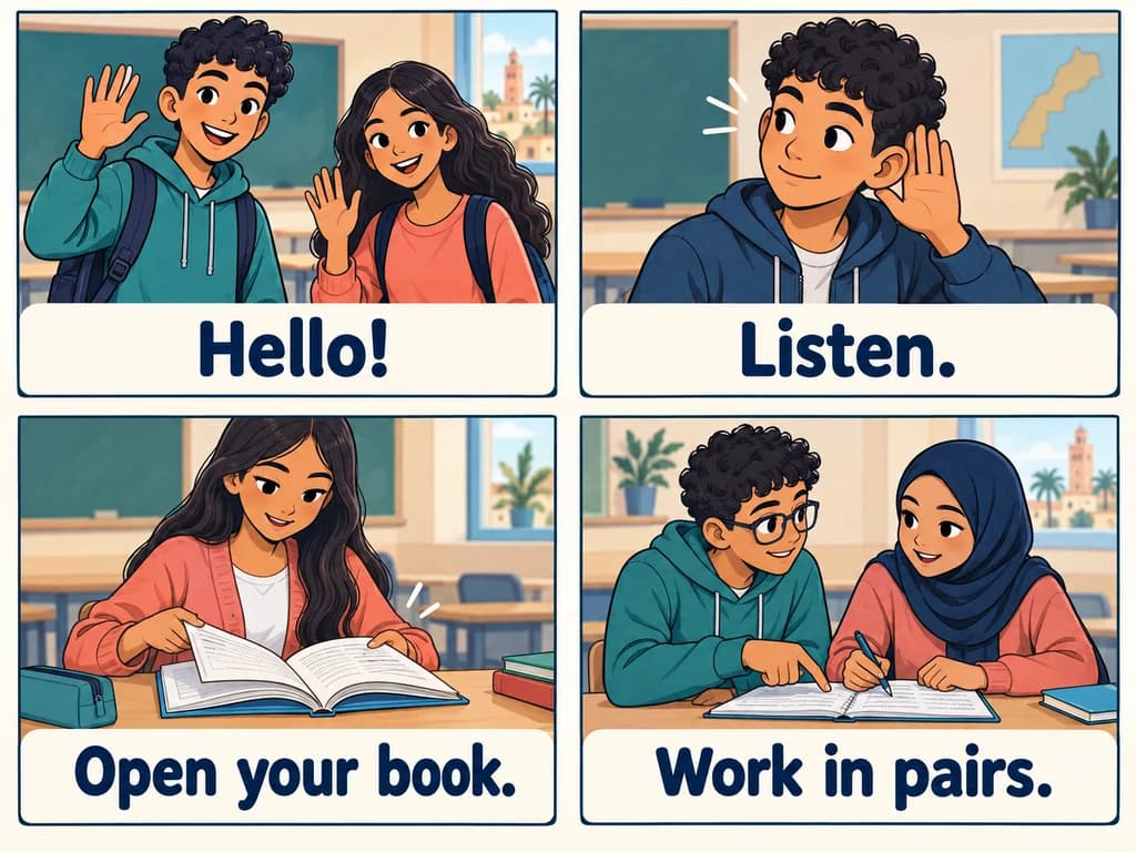 English 1AC greetings and classroom instructions Four classroom scenes show students greeting, listening, opening a book and working with a partner.