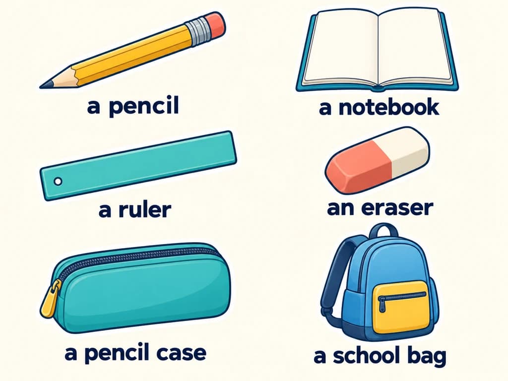 School objects in English: 1AC picture dictionary Six labelled stickers show a pencil, notebook, ruler, eraser, pencil case and school bag.
