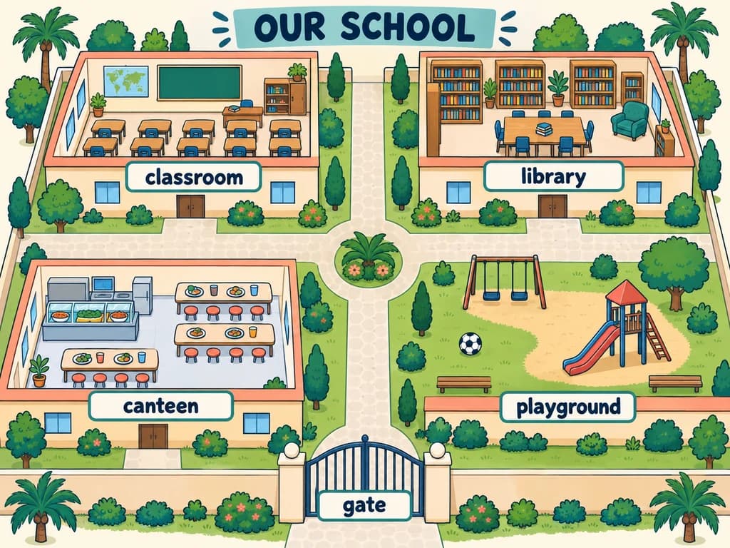School places in English: a labelled 1AC school map A cutaway school map labels the classroom, library, canteen, playground and gate.