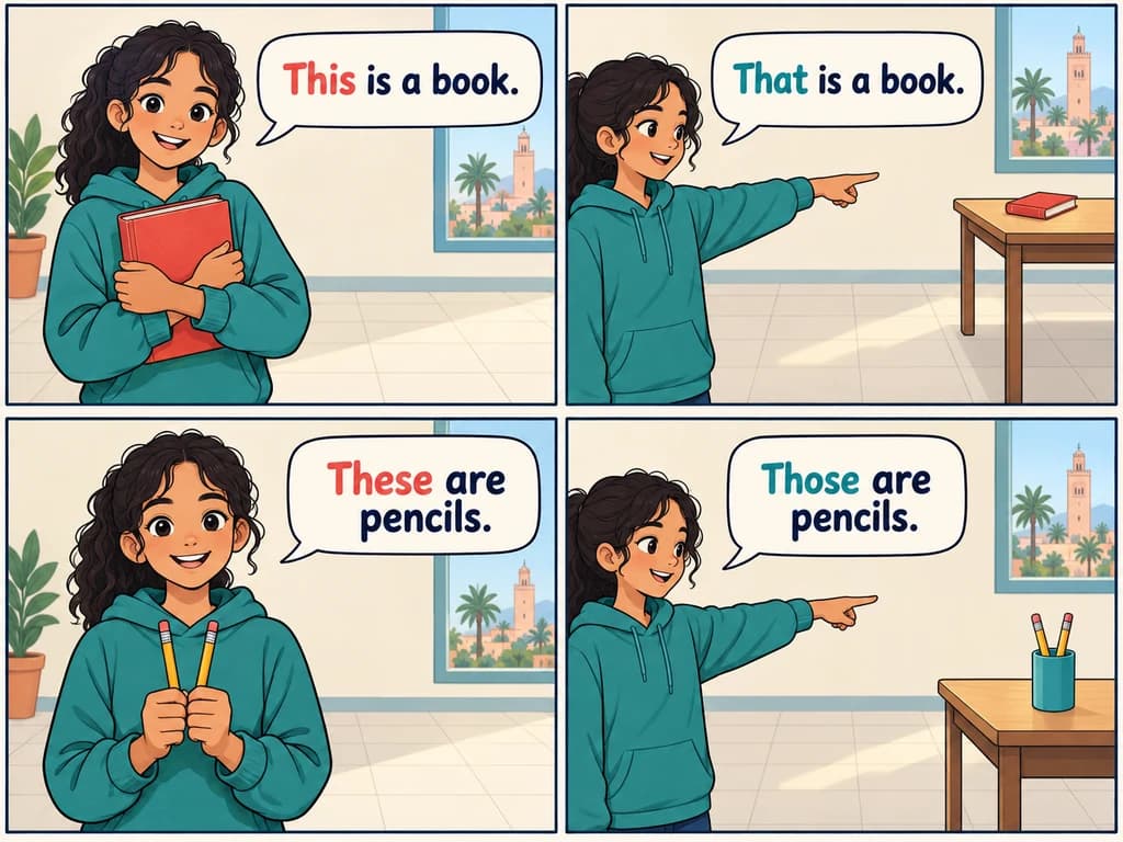 This, that, these and those: English 1AC A student identifies one book or two pencils, first nearby and then on a distant desk.