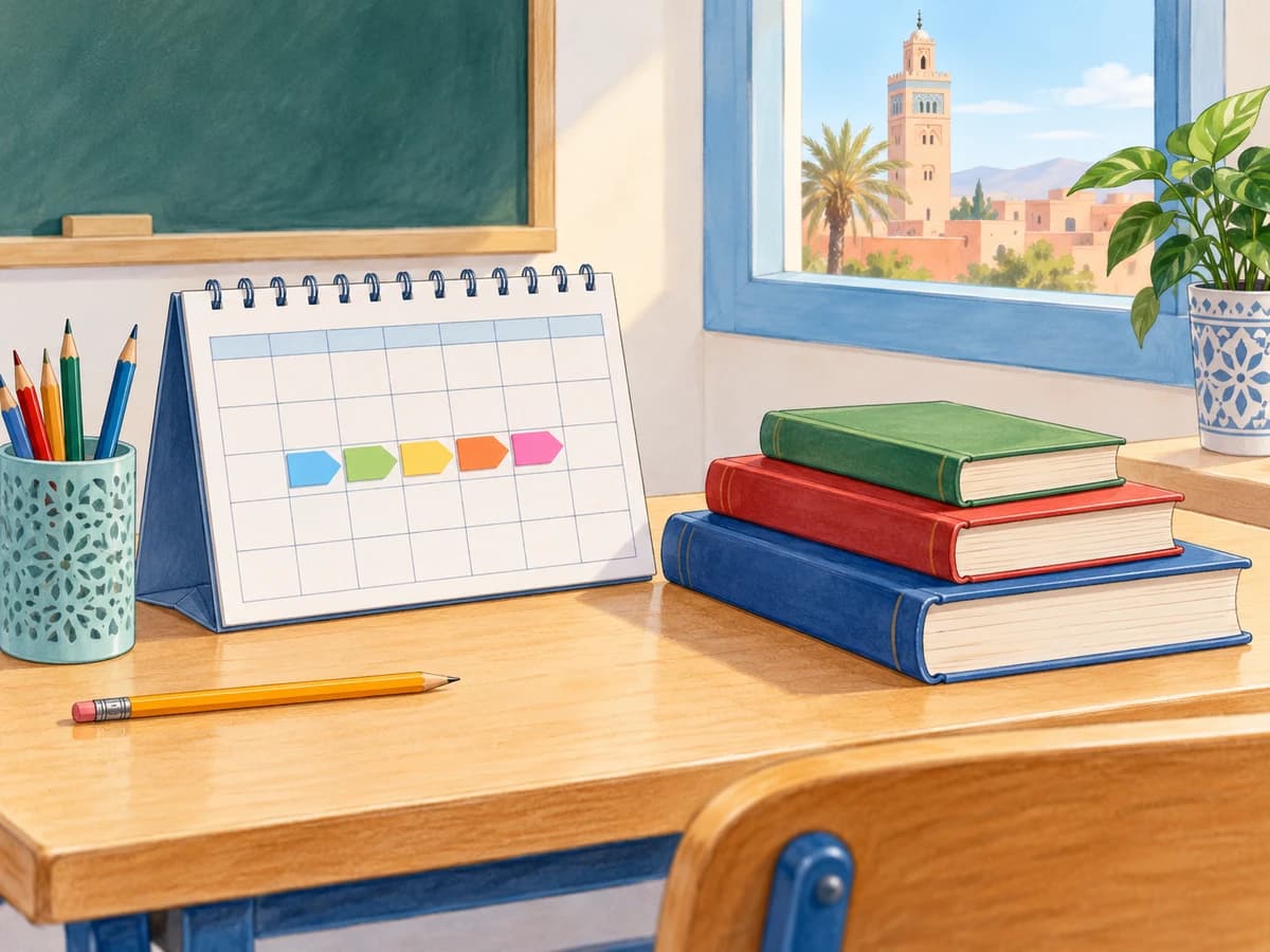 Dates and ordinal numbers: English 3AC: context illustration A calendar, page markers and books arranged in order on a school desk.