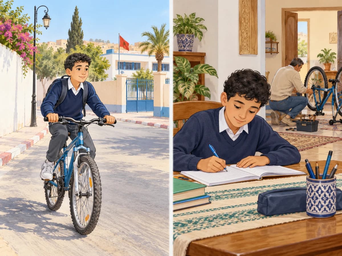 Present simple or continuous? English 3AC: context illustration A pupil cycles to school in one scene and writes at home in another.