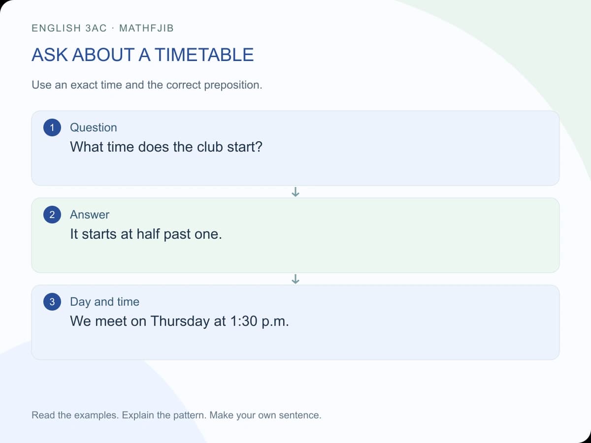 Telling the time: English 3AC communication: ask about a timetable Question: What time does the club start? Answer: It starts at half past one. Day and time: We meet on Thursday at 1:30 p.m.