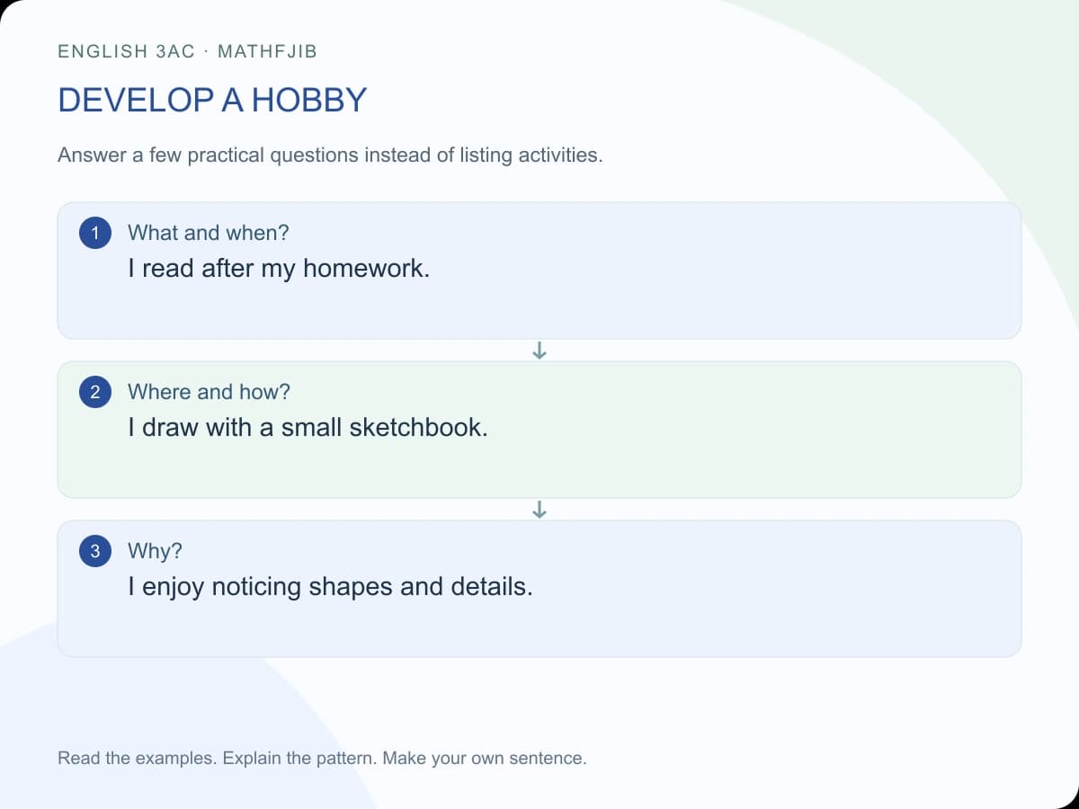 My hobbies: English 3AC writing model: develop a hobby What and when?: I read after my homework. Where and how?: I draw with a small sketchbook. Why?: I enjoy noticing shapes and details.