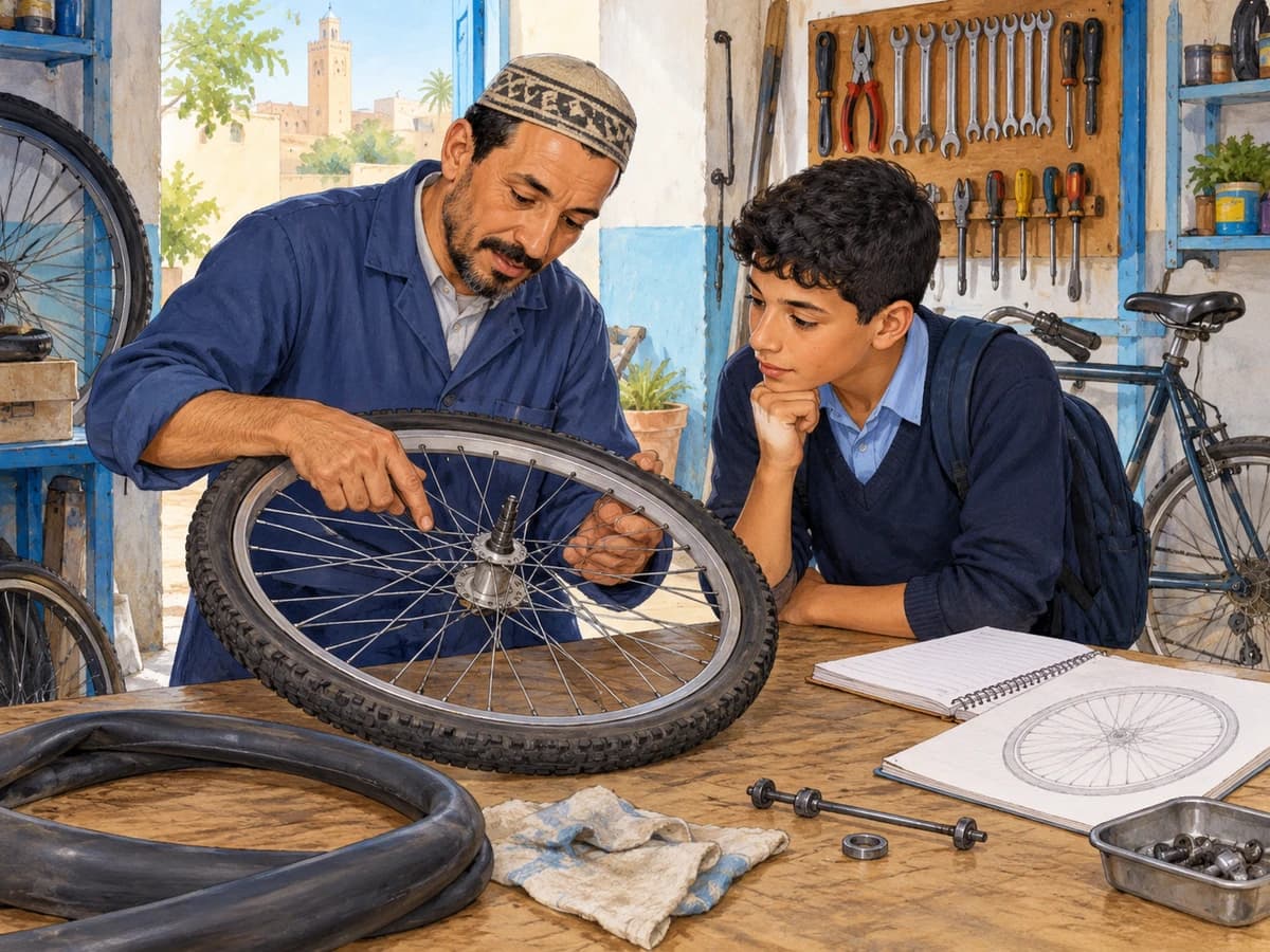 Future plans: English 3AC reading and listening: context illustration A male bicycle repairer shows a pupil a bicycle wheel at a workshop bench.