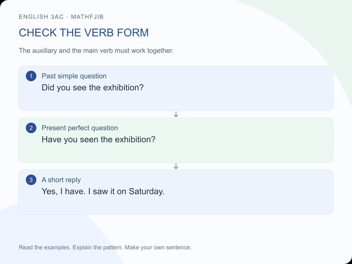 Past simple or present perfect? English 3AC: check the verb form Past simple question: Did you see the exhibition? Present perfect question: Have you seen the exhibition? A short reply: Yes, I have. I saw it on Saturday.