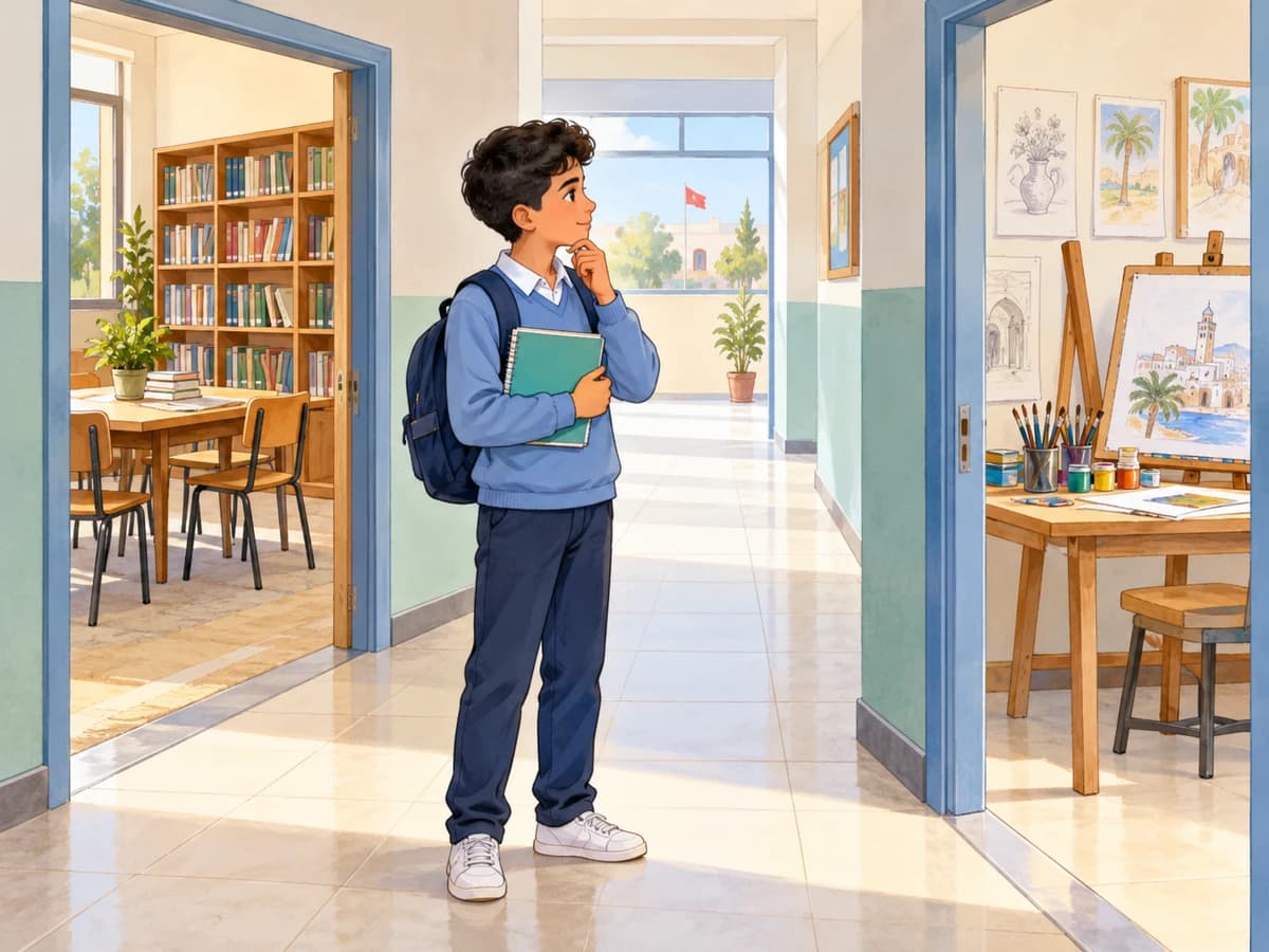 Spotlight 3 Unit 5: future plans and might: context illustration A pupil considers reading and drawing club activities while holding his exercise book.