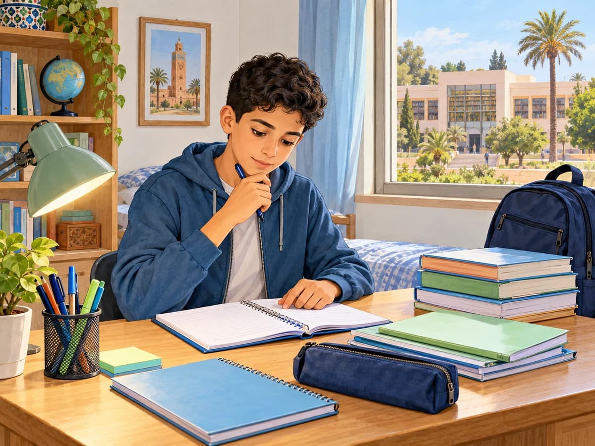 Will, going to and might: English 3AC: context illustration A pupil organises study materials at home, with a library in the background.