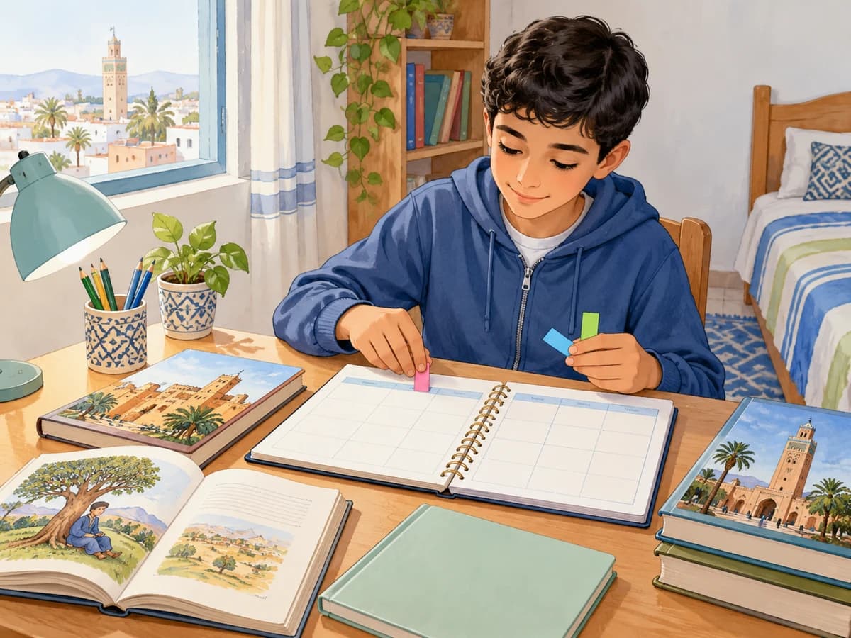 My future plans: English 3AC writing: context illustration A pupil plans study activities with a weekly planner, notebook and storybook.