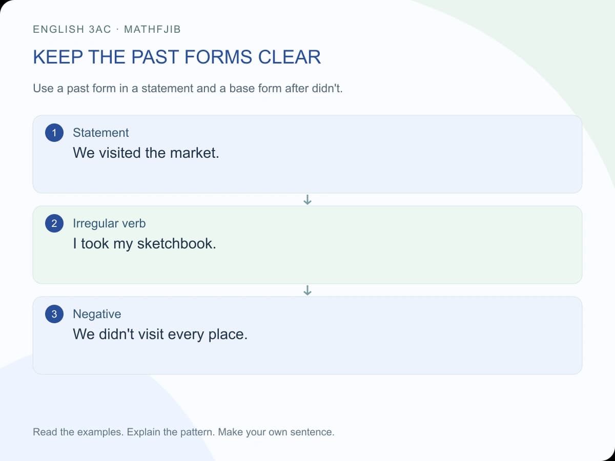 My last holiday: English 3AC writing: keep the past forms clear Statement: We visited the market. Irregular verb: I took my sketchbook. Negative: We didn't visit every place.