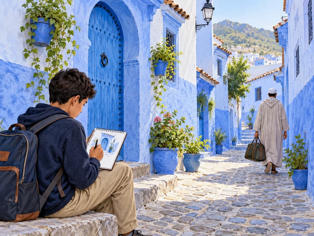 My last holiday: English 3AC writing: context illustration A pupil sketches a blue doorway on a quiet visit to Chefchaouen.