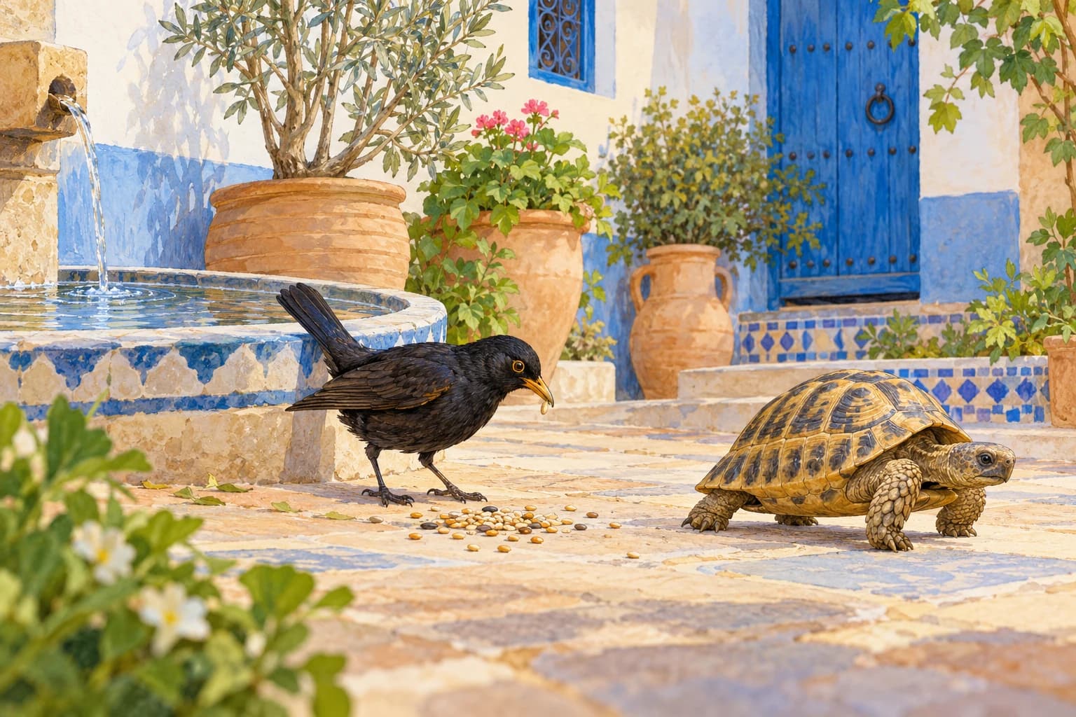 Le Merle et la Tortue : illustration 3 Le comportement final du merle montre ce qu’il a appris.