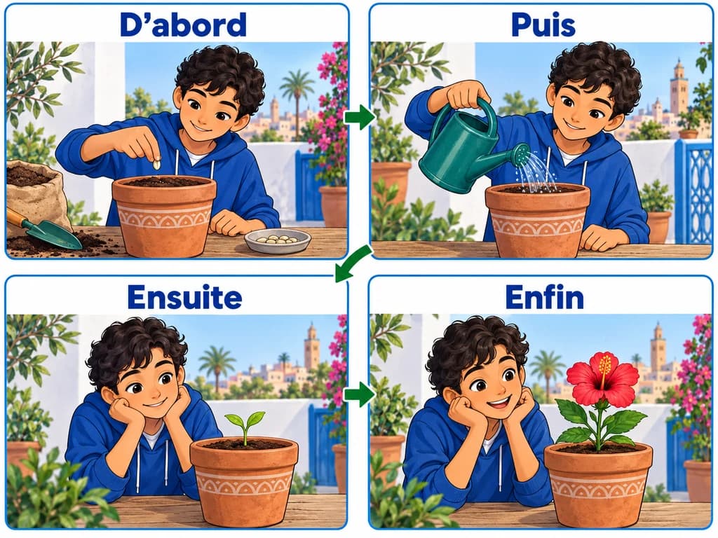 Ordonner les actions du récit — Français 1AC Quatre scènes suivent une graine plantée puis arrosée jusqu’à la fleur, avec les mots d’abord, puis, ensuite et enfin.