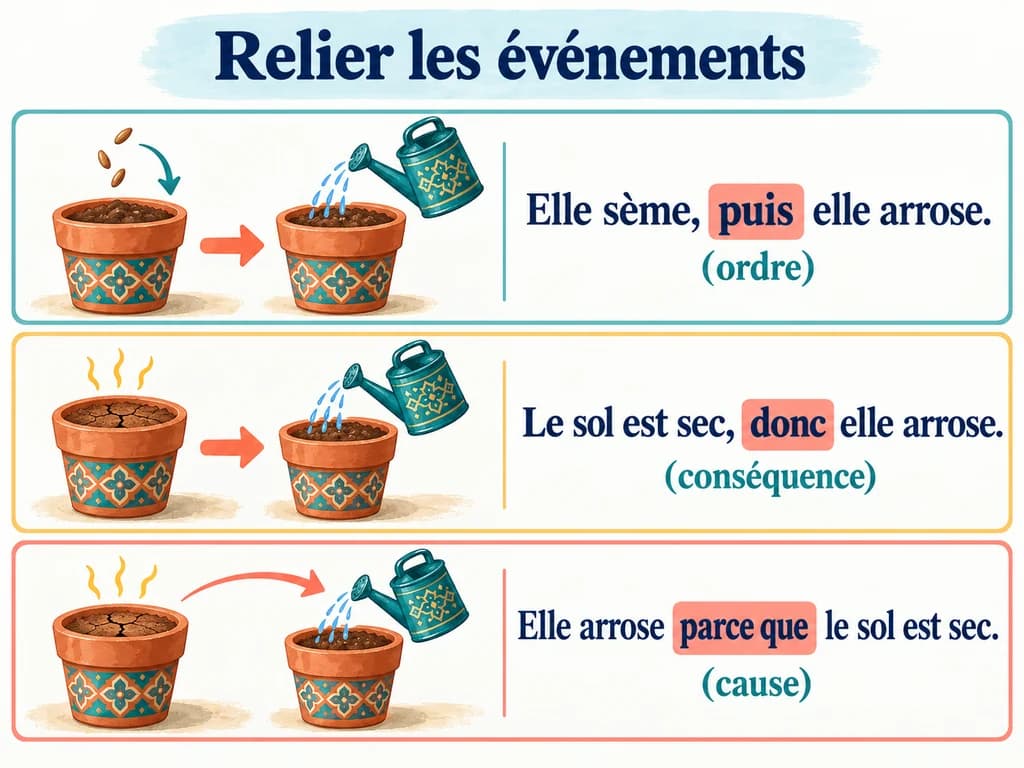 Relier les événements : Français 1AC Des pots et un arrosoir illustrent puis pour l’ordre, donc pour la conséquence et parce que pour la cause.