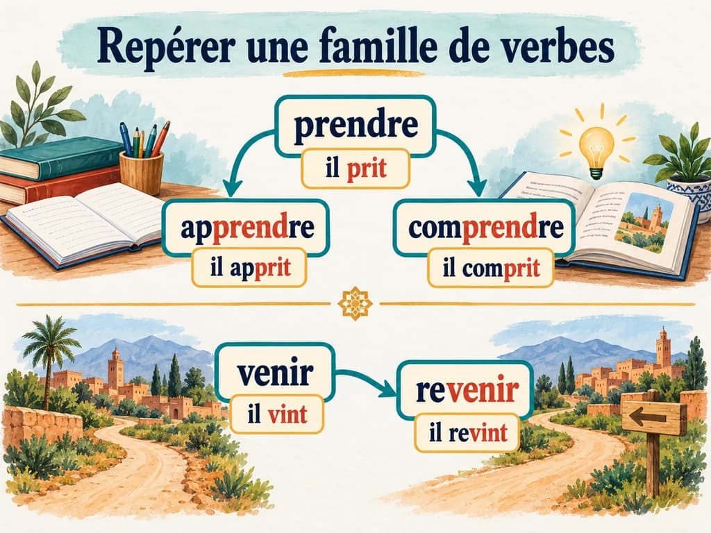 Repérer une famille de verbes : Français 1AC Prendre, apprendre et comprendre donnent il prit, il apprit et il comprit ; venir et revenir donnent il vint et il revint.