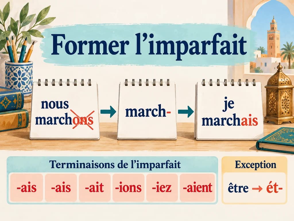 Former l’imparfait : Français 1AC Nous marchons fournit le radical march- ; les six terminaisons de l’imparfait et l’exception être sont indiquées.