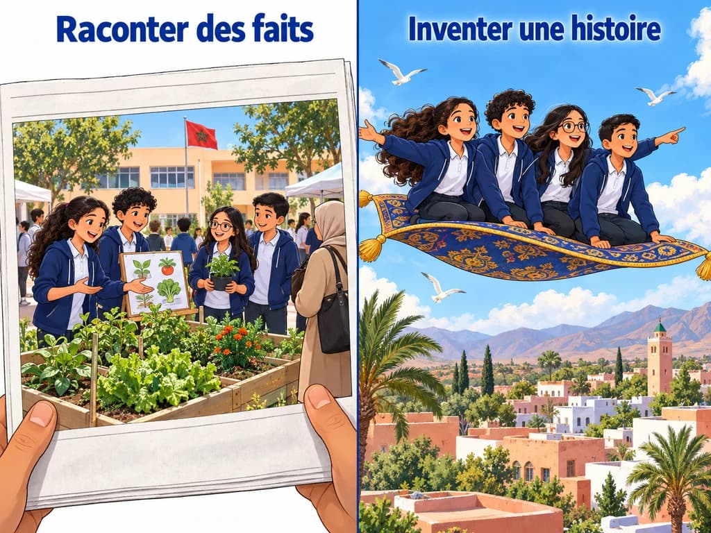 Récit factuel et récit de fiction — Français 1AC Une page de journal scolaire et un tapis volant opposent un récit de faits à une histoire imaginée.