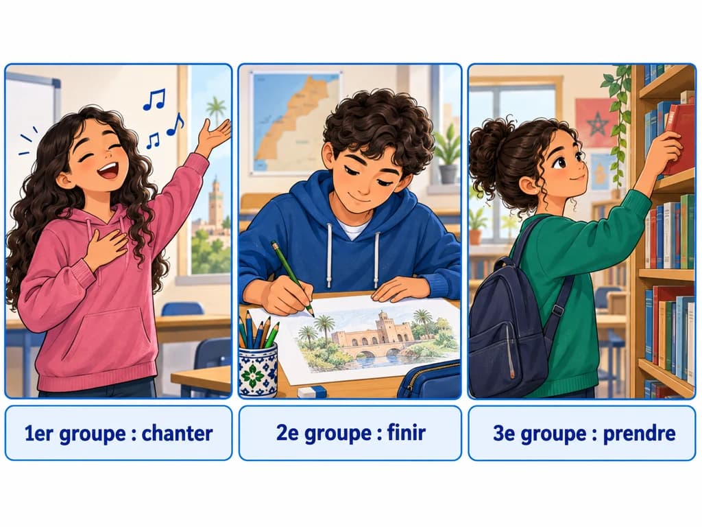 Les trois groupes du verbe — Français 1AC Des élèves chantent, finissent un dessin et prennent un livre pour illustrer trois groupes de verbes.