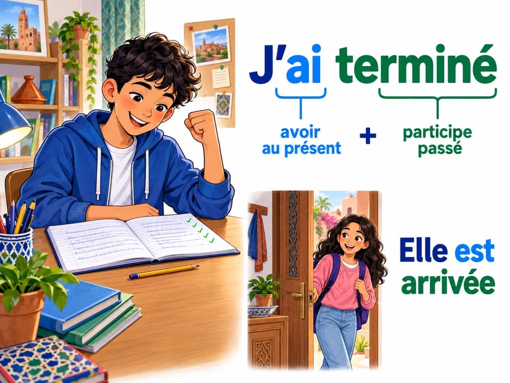 Construire le passé composé — Français 1AC Des devoirs terminés et une arrivée illustrent les phrases J’ai terminé et Elle est arrivée, avec les deux auxiliaires du passé composé.