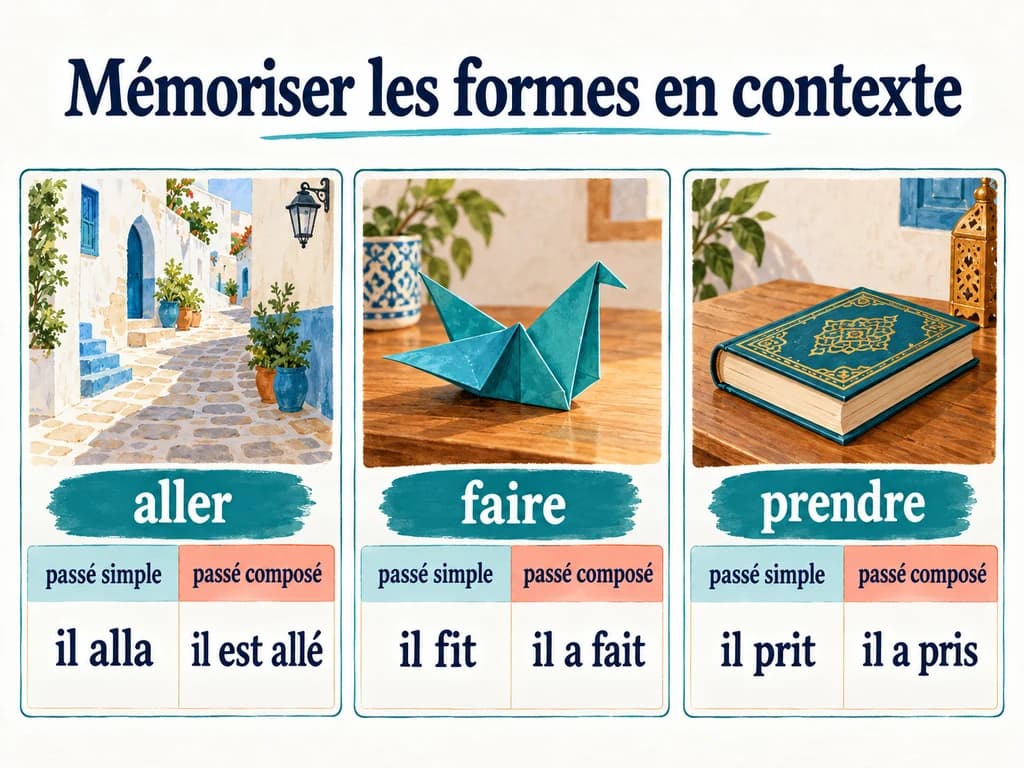 Mémoriser les formes en contexte : Français 1AC Trois colonnes opposent il alla et il est allé, il fit et il a fait, il prit et il a pris.