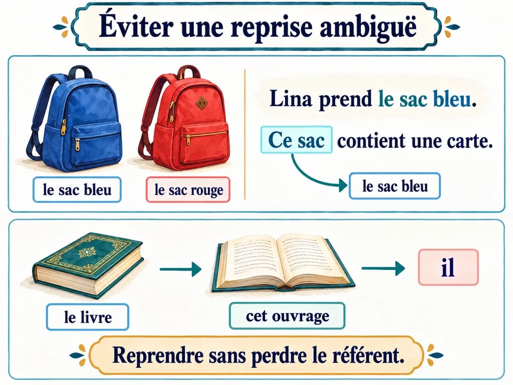Éviter une reprise ambiguë : Français 1AC Deux sacs de couleurs différentes montrent que Ce sac reprend le sac bleu ; le livre devient cet ouvrage puis il.