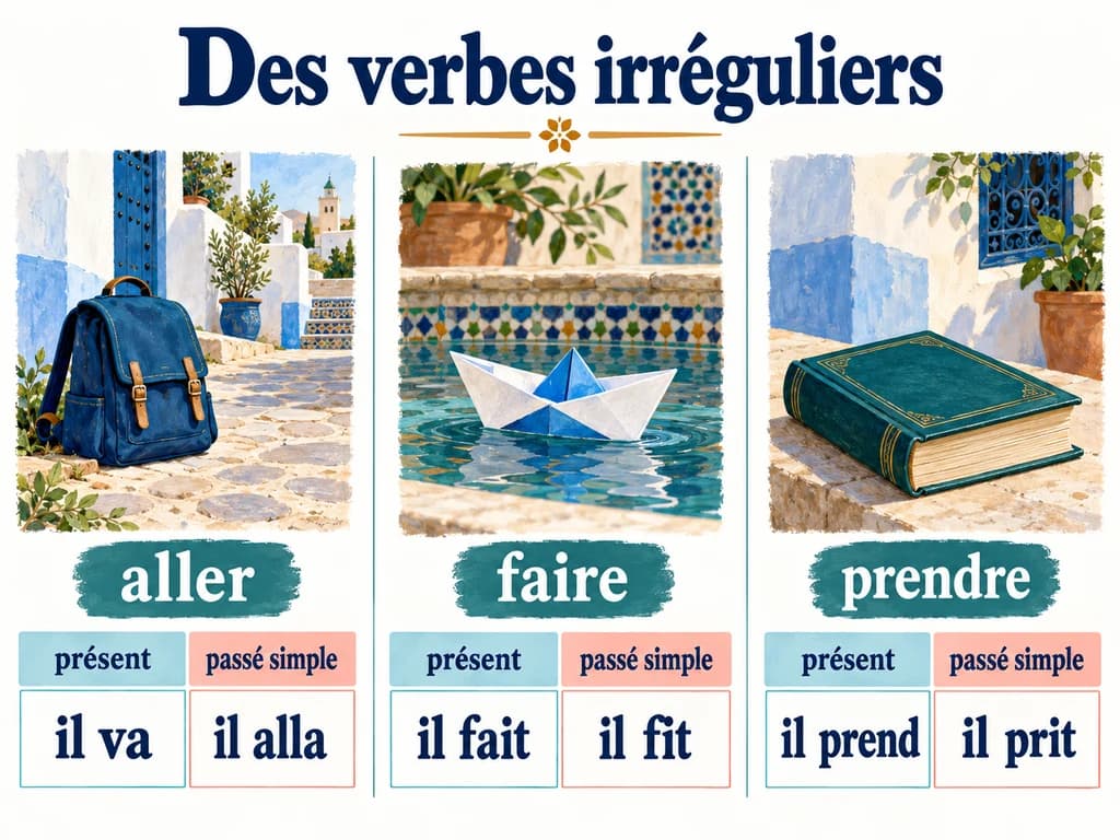 Verbes irréguliers fréquents : Français 1AC Un sac, un bateau en papier et un livre accompagnent aller, faire et prendre, au présent et au passé simple.