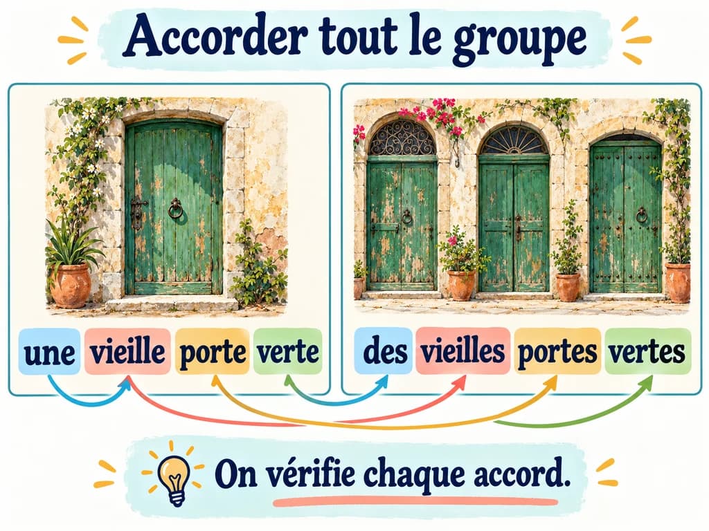 Accorder le groupe nominal au pluriel, Français 1AC Une porte verte et trois portes vertes illustrent le passage de une vieille porte verte à des vieilles portes vertes.