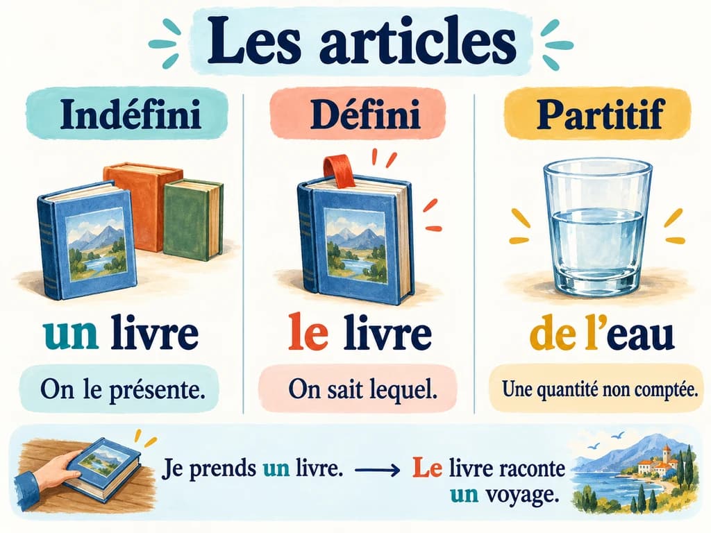 Les déterminants : articles définis, indéfinis et partitifs, Français 1AC Un livre présenté, un livre identifié par un ruban et un verre d’eau distinguent article indéfini, défini et partitif.