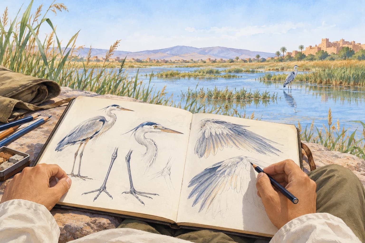 Un héron au bord de la lagune : illustration 3 Le carnet aide à remplacer une impression par des observations précises.