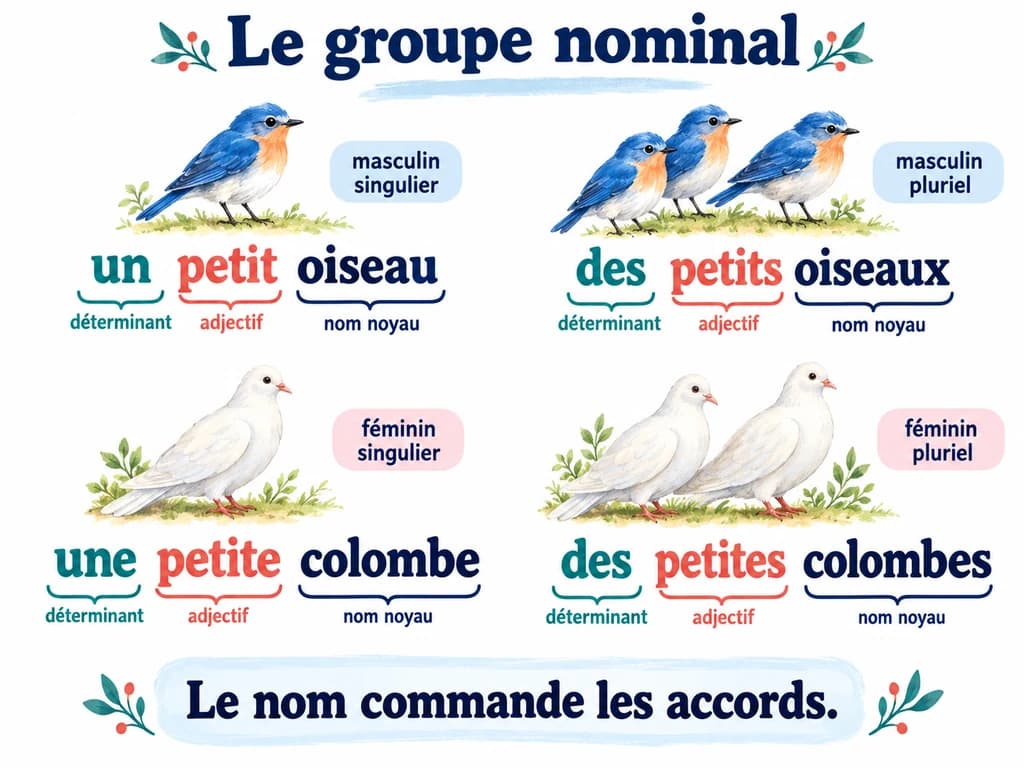 Le groupe nominal : genre et nombre en Français 1AC Des oiseaux et des colombes illustrent quatre groupes nominaux au masculin, au féminin, au singulier et au pluriel.
