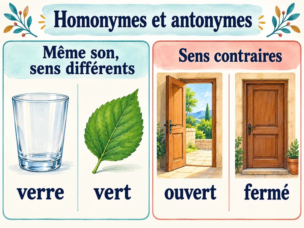 Les homonymes et les antonymes, Français 1AC Un verre et une feuille verte illustrent verre et vert ; une porte ouverte puis fermée illustrent les antonymes ouvert et fermé.