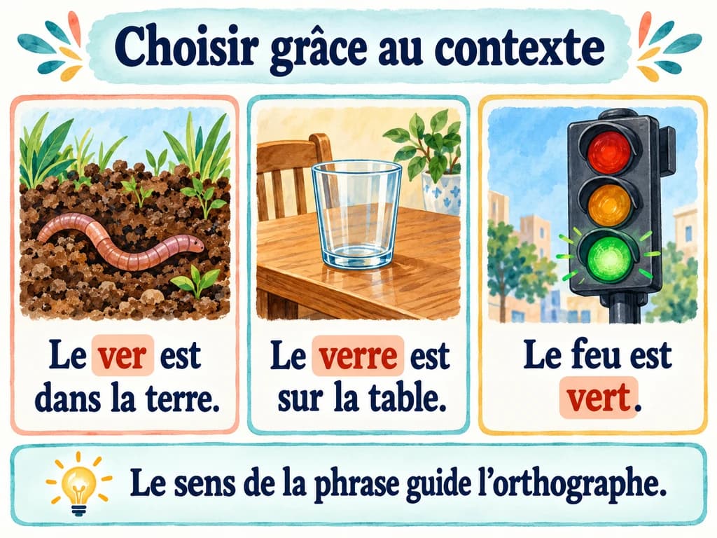Choisir ver, verre ou vert grâce au contexte, Français 1AC Un ver dans la terre, un verre sur une table et un feu vert sont associés à trois phrases complètes.