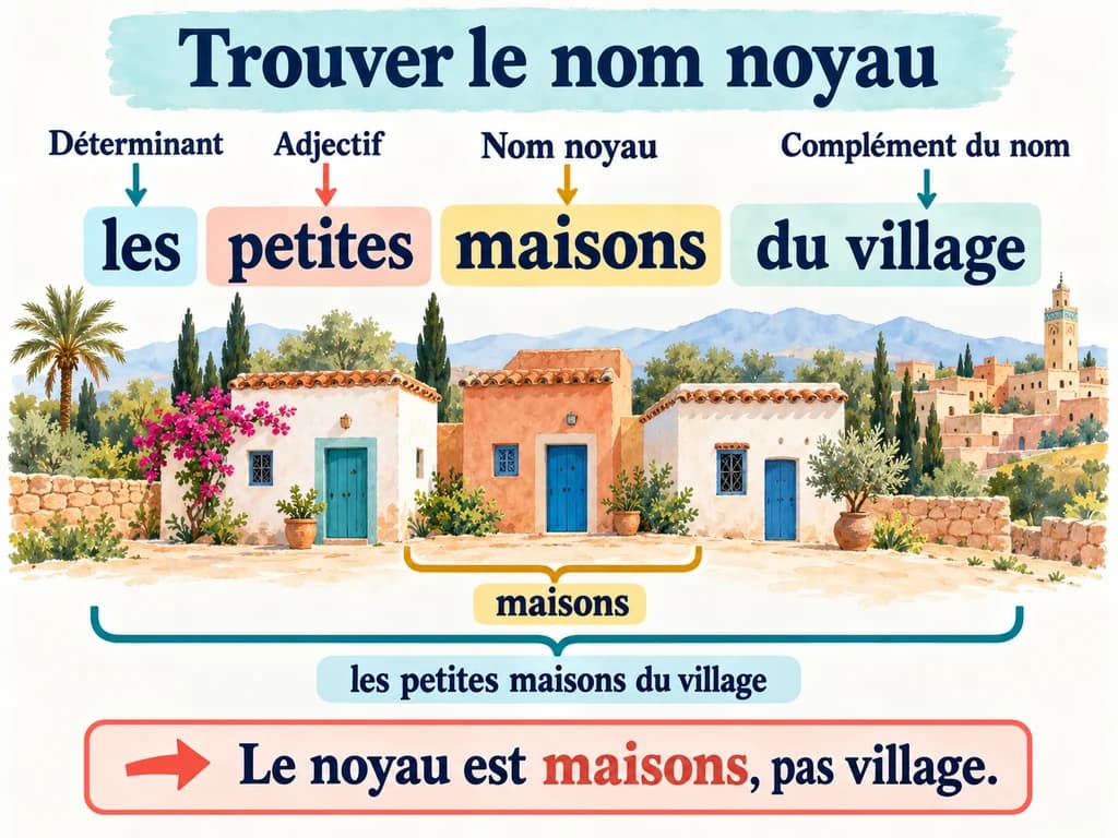 Trouver le nom noyau du groupe nominal, Français 1AC Trois maisons de village accompagnent le découpage du groupe les petites maisons du village en déterminant, adjectif, nom noyau et complément du nom.