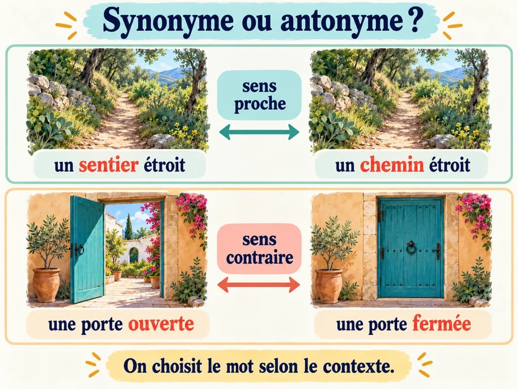 Comparer synonymes et antonymes, Français 1AC Un sentier et un chemin illustrent un sens proche ; des portes ouverte et fermée illustrent des sens contraires.