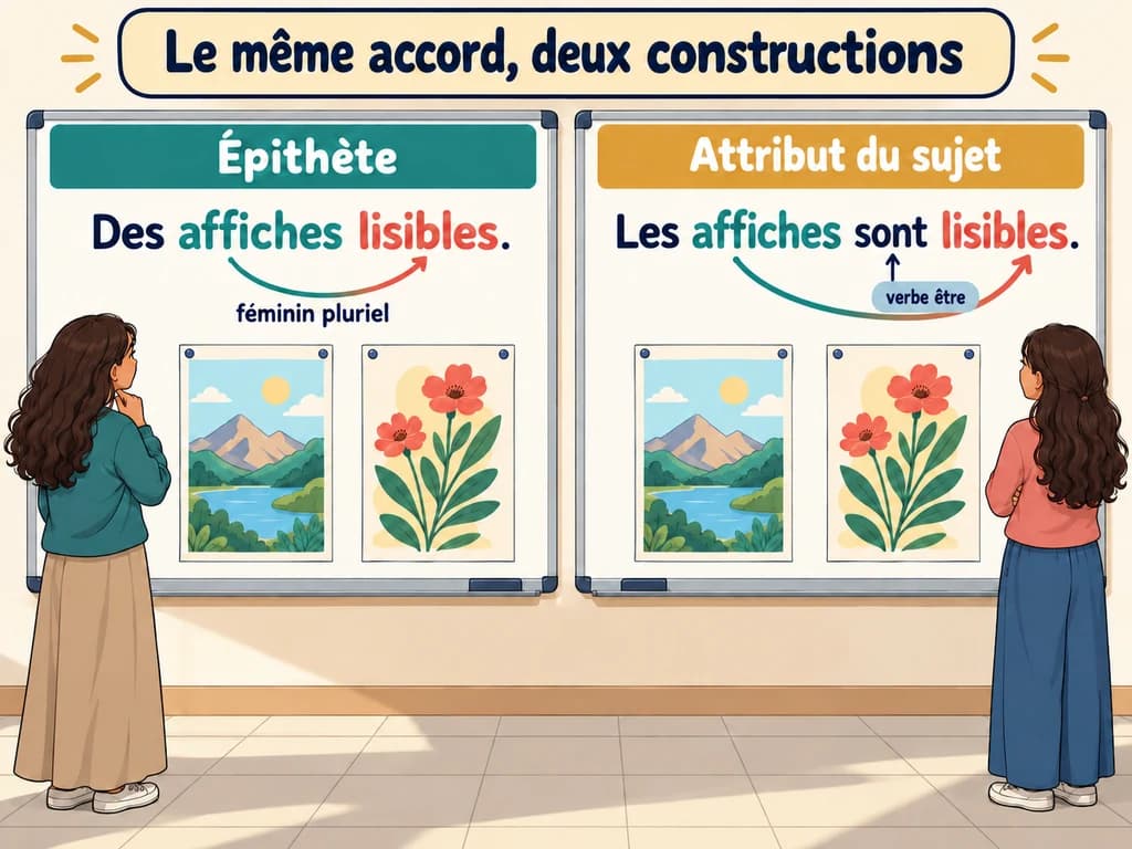 Épithète et attribut : accord de l’adjectif en 2AC Les mêmes affiches bien lisibles illustrent Des affiches lisibles puis Les affiches sont lisibles ; affiches et lisibles sont reliés dans les deux phrases.