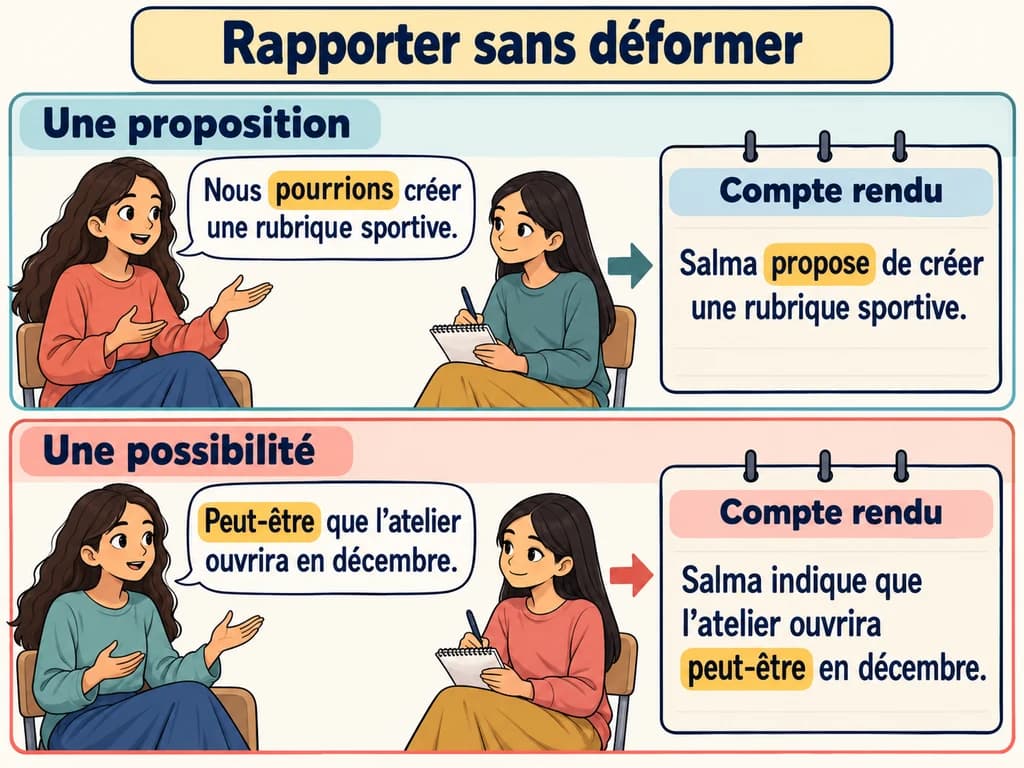 Rapporter une proposition ou une incertitude en 2AC Salma propose une rubrique sportive puis évoque une ouverture possible ; deux restitutions conservent la proposition et le mot peut-être.